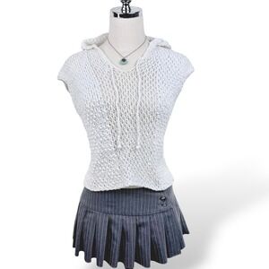 TSE Crochet Hooded Top White Knit Open Weave Boho Fairy Sweater Womens S